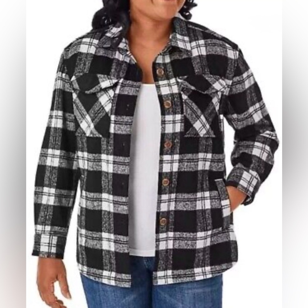 Black and White Tartan Plaid Women's Button Front Shacket XL EUC B#1